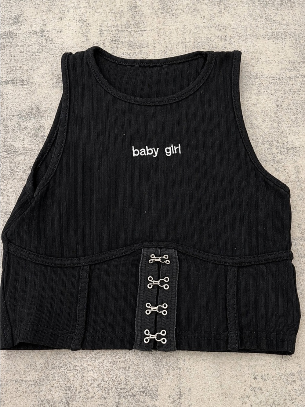 Baby Girl Black Ribbed Hook-Front Crop Top